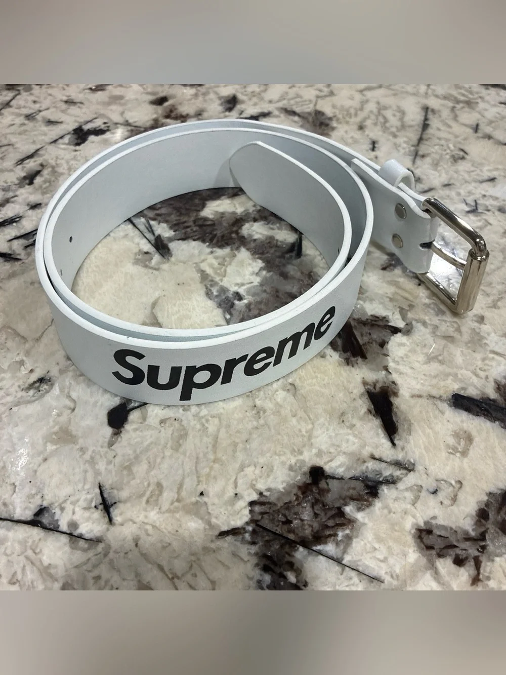 Supreme White Belt with Black Logo and Silver Buckle